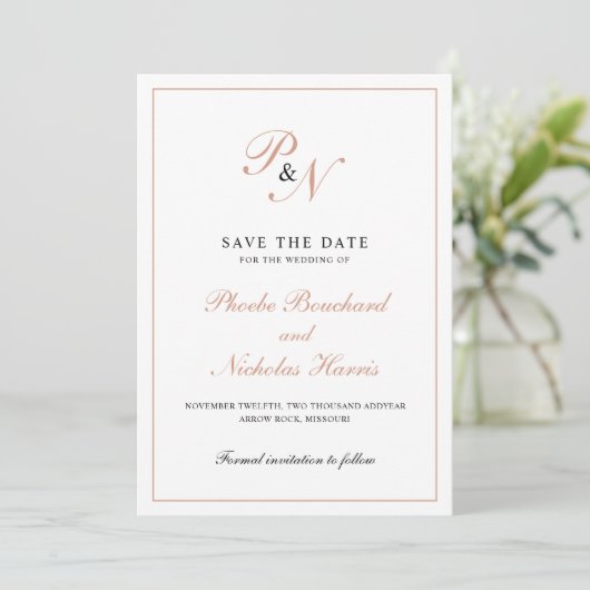 Elegante Rose Gold Monogram Formal Wedding Save The Date (Stehend Vorderseite)