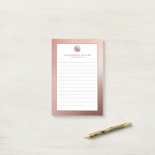 Elegante Rose Gold Monogram Lined Post-it Klebezettel (Auf Schreibtisch)
