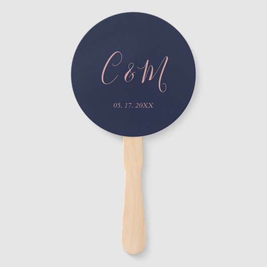 Elegante Rose Gold Monogram Navy Hochzeit Fächer (Vorderseite)