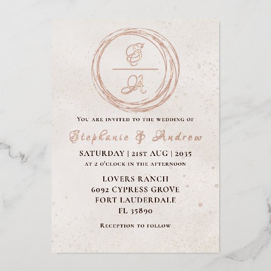 Elegante Rose Gold Monogram Wedding Foil Einladung (Vorderseite)