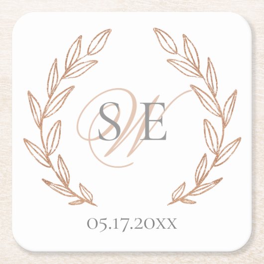 Elegante Rose Gold Monogram Wedding Rechteckiger Pappuntersetzer (Vorderseite)