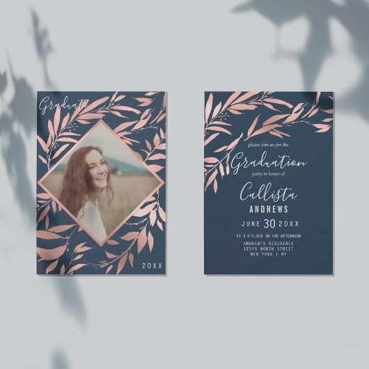 Elegante Rose Gold Navy Blätter Foto Abschluss Einladung