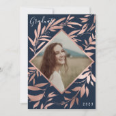 Elegante Rose Gold Navy Blätter Foto Abschluss Einladung (Vorderseite)