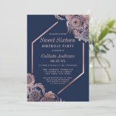Elegante Rose Gold Navy Blue Floral Frame Sweet 16 Einladung (Stehend Vorderseite)