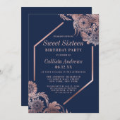 Elegante Rose Gold Navy Blue Floral Frame Sweet 16 Einladung (Vorne/Hinten)