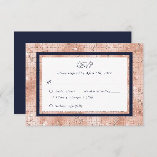 Elegante Rose Gold Navy Blue Script Hochzeit RSVP Karte (Vorne/Hinten)