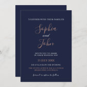 Elegante Rose Gold Navy Blue Wedding Einladung (Vorne/Hinten)