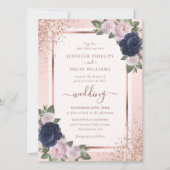 Elegante Rose Gold Navy Blush Bloral Hochzeit Einladung (Vorderseite)