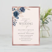 Elegante Rose Gold Navy Blush Pink Blütenblume Einladung (Stehend Vorderseite)