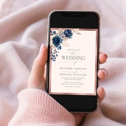 Elegante Rose Gold Navy Blush Pink Blütenblume Einladung