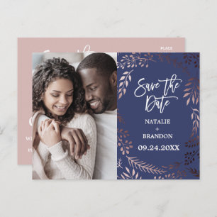 Elegante Rose Gold   Navy Foto Save the Date Ankündigungspostkarte