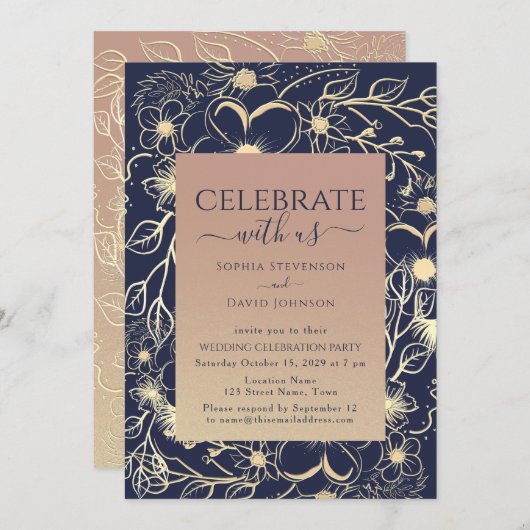 Elegante Rose Gold Navy Hochzeitsempfang Einladung (Vorne/Hinten)