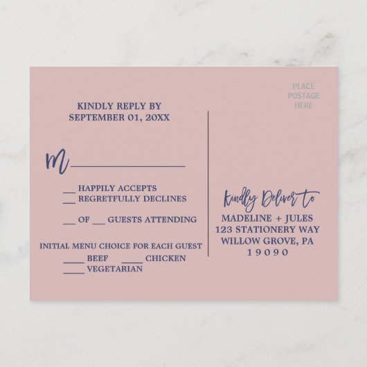 Elegante Rose Gold & Navy Menü UAWG Postkarte (Rückseite)