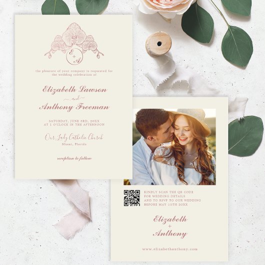 Elegante Rose Gold Orchid Foto QR Code Hochzeit Einladung