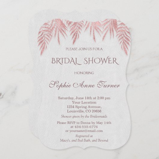 Elegante Rose Gold Palm Blätter Brautparty Einladung (Vorne/Hinten)