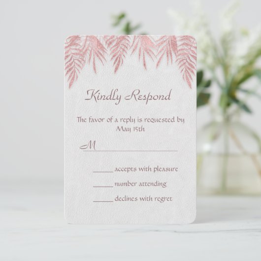 Elegante Rose Gold Palm Blätter Hochzeit RSVP Einl (Stehend Vorderseite)