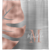 Elegante Rose Gold Palm Leaf Mit Monogramm Duschvorhang (Vorderseite)
