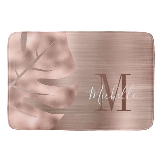 Elegante Rose Gold Palm Leaf Monogram Badematte (Vorderseite)