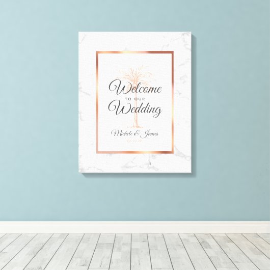 Elegante Rose Gold Palm Tree Marmor Hochzeit Willk Leinwanddruck (Insitu (Holzboden))