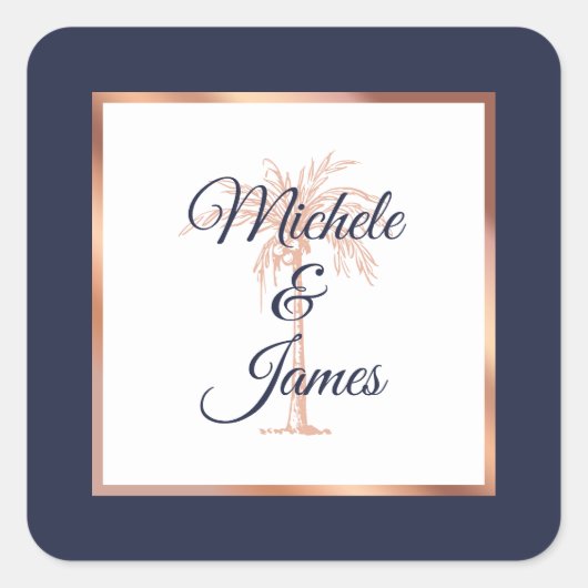 Elegante Rose Gold Palm Tree Tropische Hochzeit Quadratischer Aufkleber (Vorderseite)