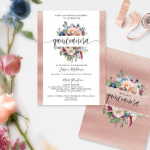 Elegante Rose Gold Pastel Floral Quinceñera Invit