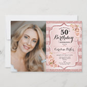 Elegante Rose Gold Pink Foto 50. Geburtstag Einladung (Vorderseite)