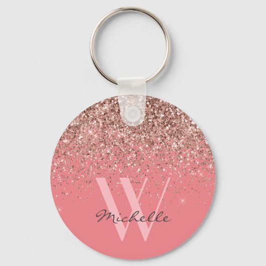 Elegante Rose Gold Pink Glitzer Monogram Name Schlüsselanhänger (Vorderseite)