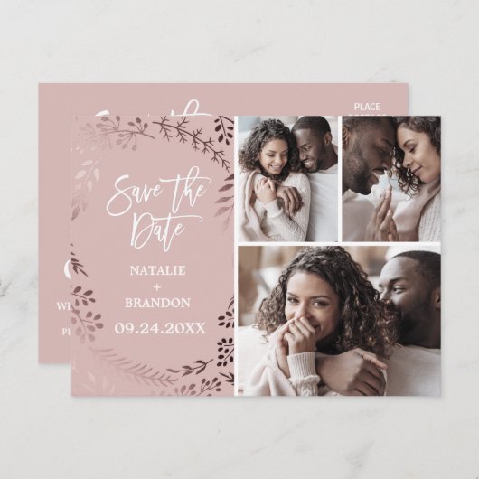 Elegante Rose Gold | Rosa 3 Foto Save the Date Ankündigungspostkarte (Vorne/Hinten)