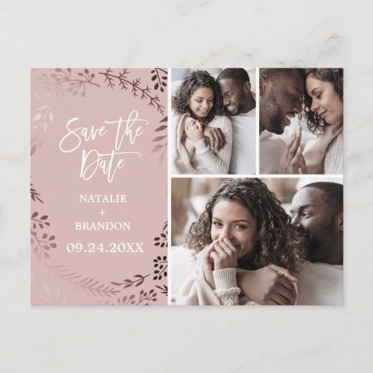 Elegante Rose Gold | Rosa 3 Foto Save the Date Ankündigungspostkarte (Vorderseite)