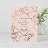 Elegante Rose Gold Rosa Blumengestein Blätter Quin Einladung (Stehend Vorderseite)