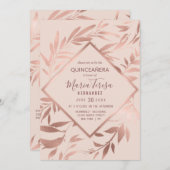 Elegante Rose Gold Rosa Blumengestein Blätter Quin Einladung (Vorne/Hinten)