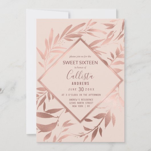 Elegante Rose Gold Rosa Blütenblätter Sweet 16 Einladung (Vorderseite)