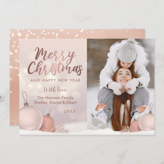 Elegante Rose Gold Rosa Foto Feiertagskarte (Vorne/Hinten)