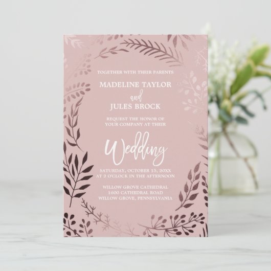 Elegante Rose Gold & Rosa Leafy auf einer Hochzeit Einladung (Stehend Vorderseite)