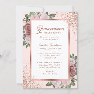 Elegante Rose Gold Rosa Rosa Quinceañera Einladung