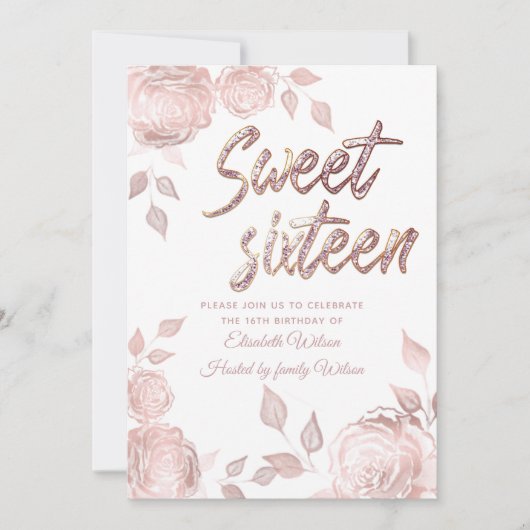 Elegante Rose Gold Rose 16 . Geburtstag Einladung (Vorderseite)