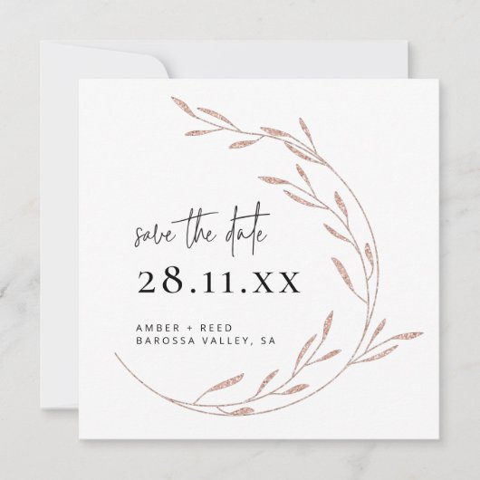 Elegante Rose Gold Save the Date Karte (Vorderseite)