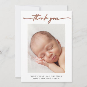 Elegante Rose Gold Schrift Foto Baby Dankeskarte