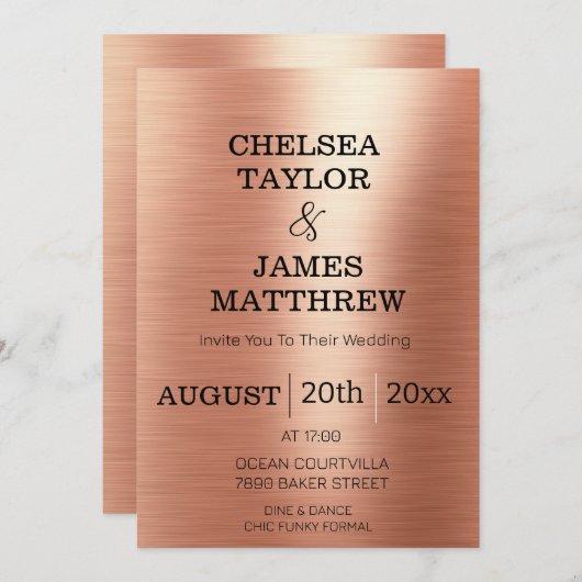 Elegante Rose Gold Schwarzer Schriftart Hochzeit Einladung (Vorne/Hinten)