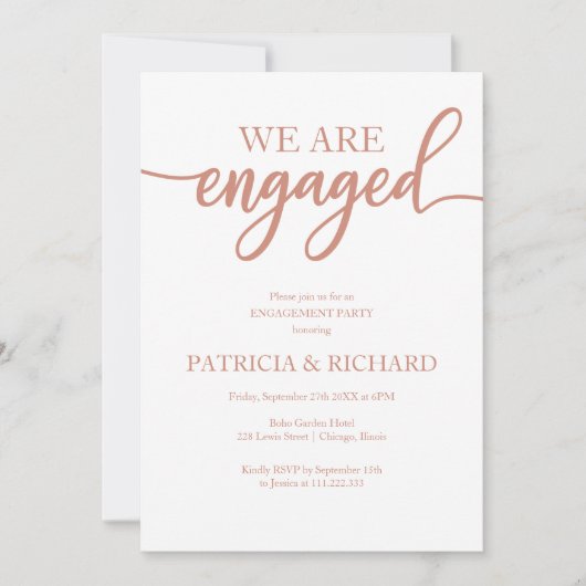 Elegante Rose Gold Script Engagement Party Einladung (Vorderseite)