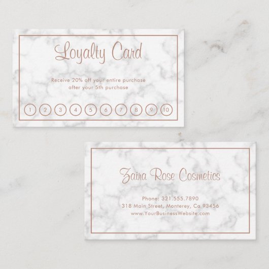 Elegante Rose Gold Script Modernes Marmorgeschäft Treuekarte (Vorne/Hinten)