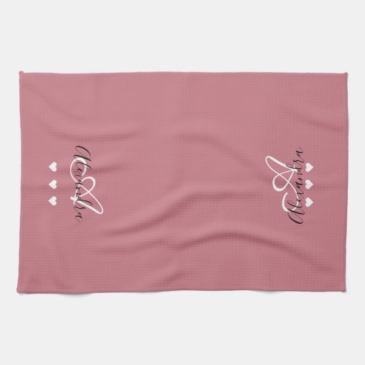 Elegante Rose Gold Script Name Monogram Girly Geschirrtuch (Horizontal)