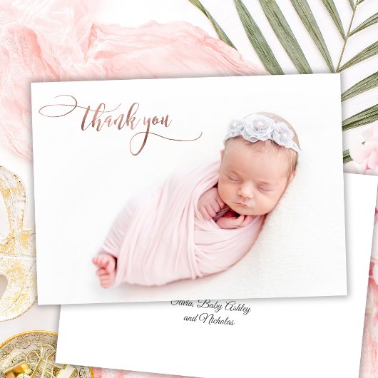 Elegante Rose Gold Script New Baby Foto Vielen Dan Dankeskarte