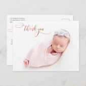 Elegante Rose Gold Script New Baby Foto Vielen Dan Postkarte (Vorne/Hinten)
