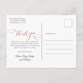 Elegante Rose Gold Script New Baby Foto Vielen Dan Postkarte (Rückseite)
