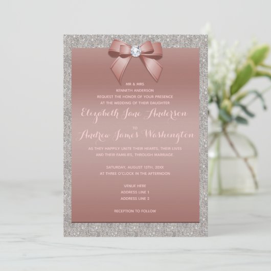 Elegante Rose Gold & Silver Glitzer Hochzeit Einladung (Stehend Vorderseite)