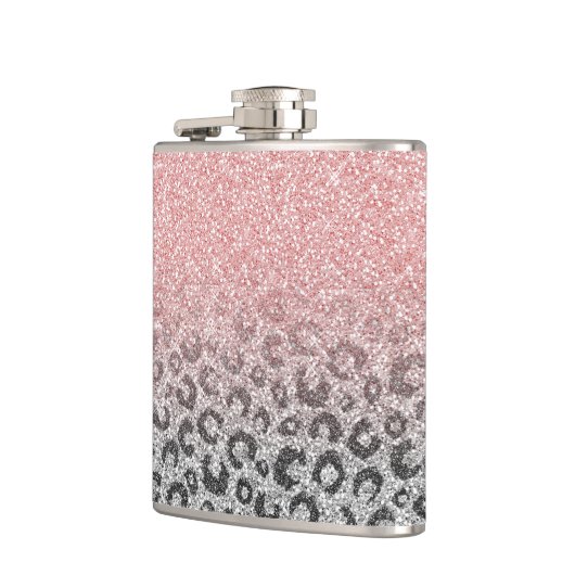 Elegante Rose Gold Silver Glitzer Leopard Print Flachmann (Links)