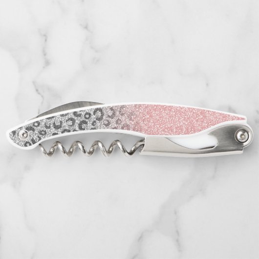 Elegante Rose Gold Silver Glitzer Leopard Print Kellnermesser (Rückseite)