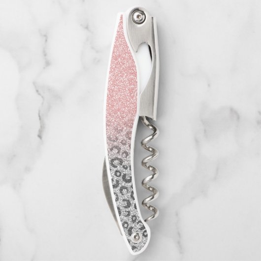 Elegante Rose Gold Silver Glitzer Leopard Print Kellnermesser (Rückseite)