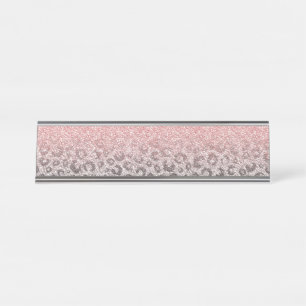 Elegante Rose Gold & Silver Glitzer Leopard Print Schreibtischnamensplakette
